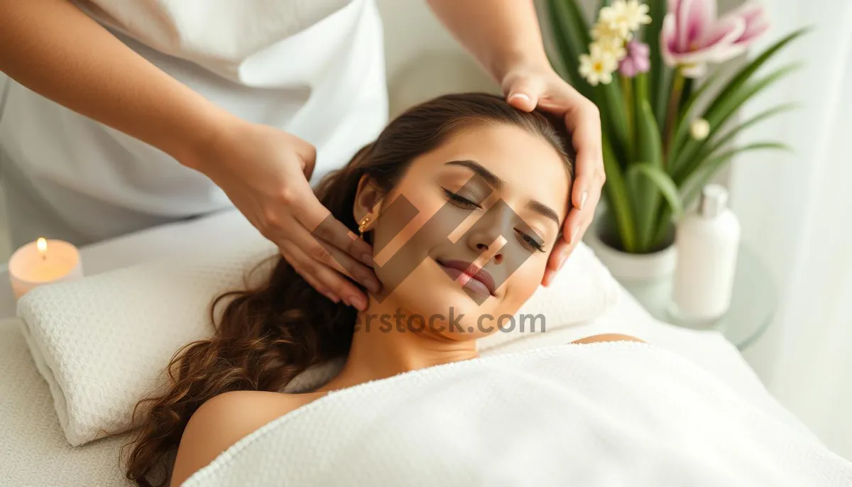 Picture of Attractive smiling lady relaxing in spa treatment.