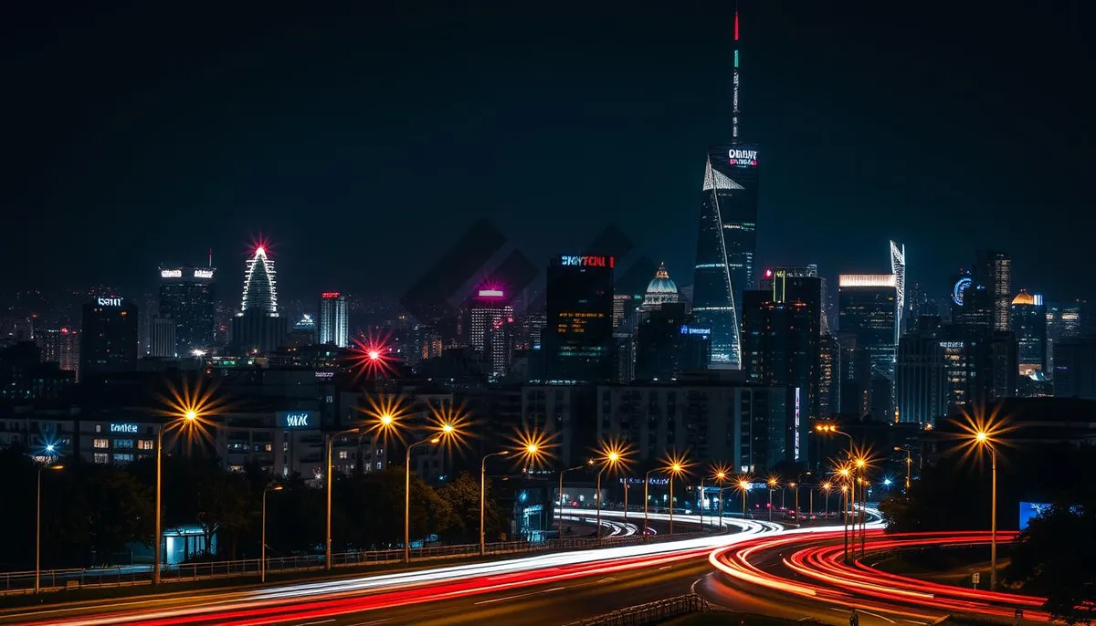 Picture of Modern city skyline with skyscrapers at dusk.