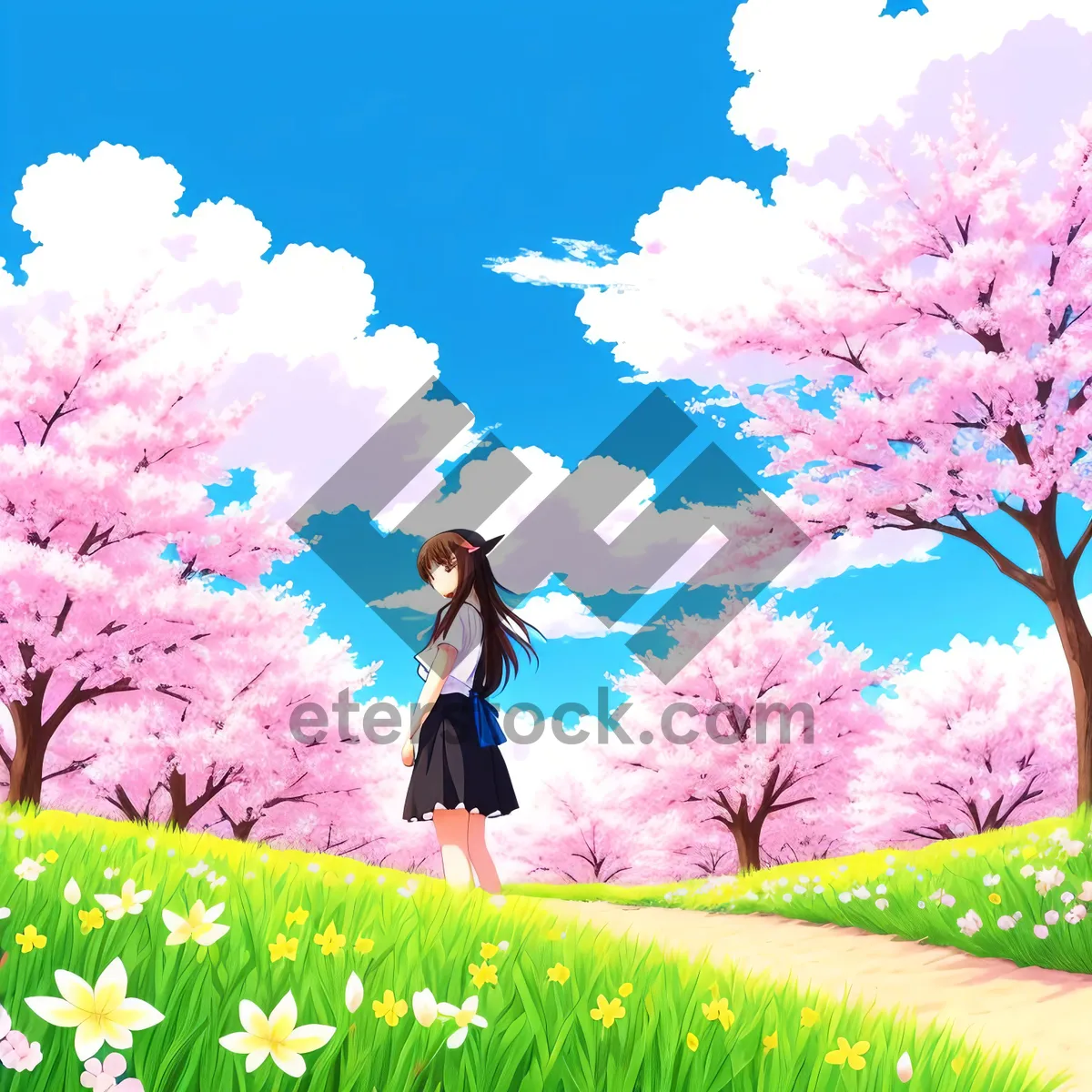 Picture of Serene Spring Meadow with Pink Flowers