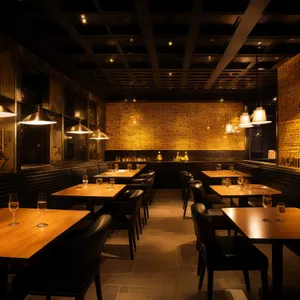 Modern restaurant interior design with wooden furniture.