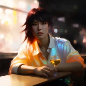 Attractive brunette student sitting indoors, smiling happily