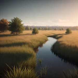 Serene Sunset Over Meadow and River