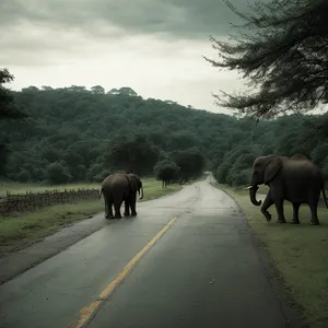 Elephant herd grazing in African savanna