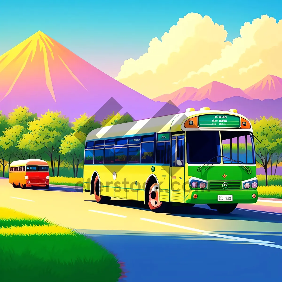 Picture of Sky-high Transport: Majestic Landscape with Bus and Truck