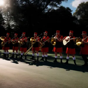 Man playing trombone wearing a bearskin hat.