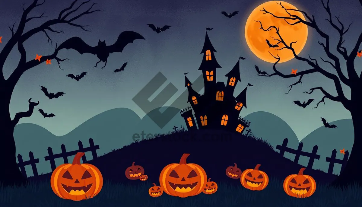 Picture of Halloween Night Silhouette Cartoon Cemetery Scene.