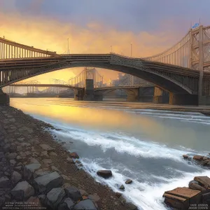 Majestic Sunset View of Iconic Urban Steel Suspension Bridge