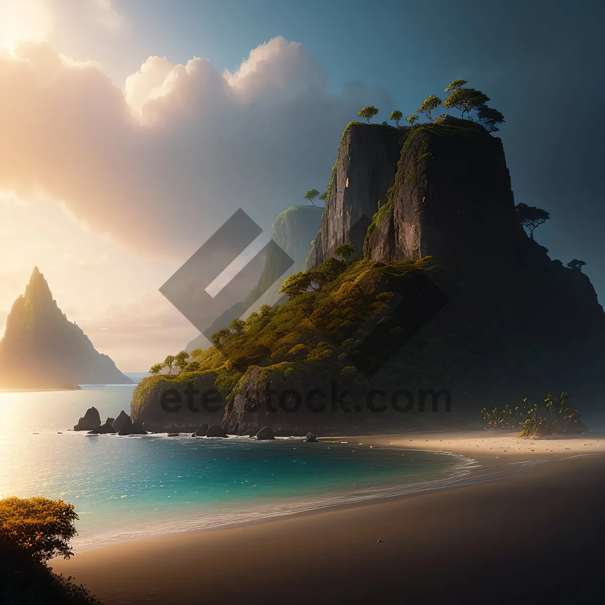 Picture of Serene Coastal Fortress under Majestic Skies