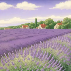 Vibrant Lavender Blooms in Serene Countryside Landscape