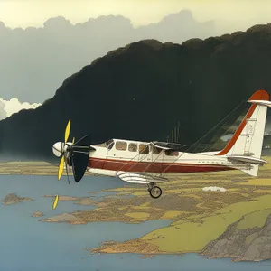 Jet aircraft soaring over beachside landscape.