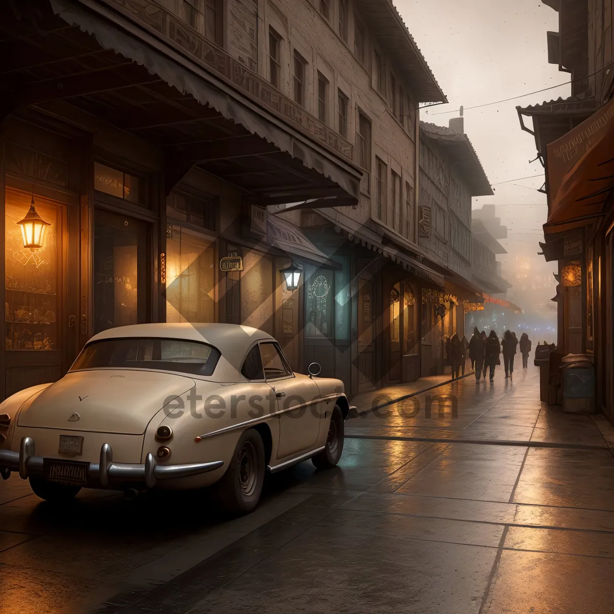 Picture of Cityscape at Night with Old Limousine and Traffic