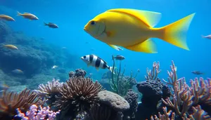 Colorful tropical fish swimming in bright coral reef.