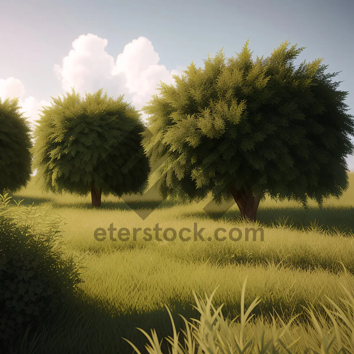 Picture of Serene Countryside Meadow Under Bright Summer Sky