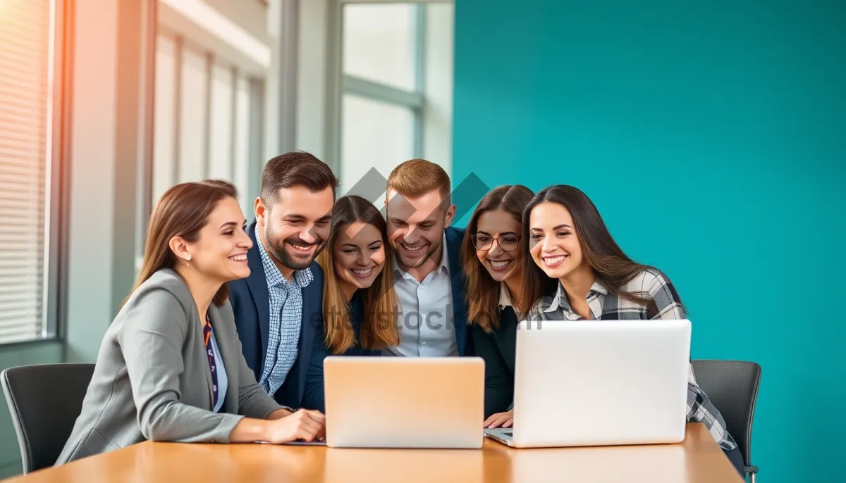 Picture of Happy executive team in office with laptop working together