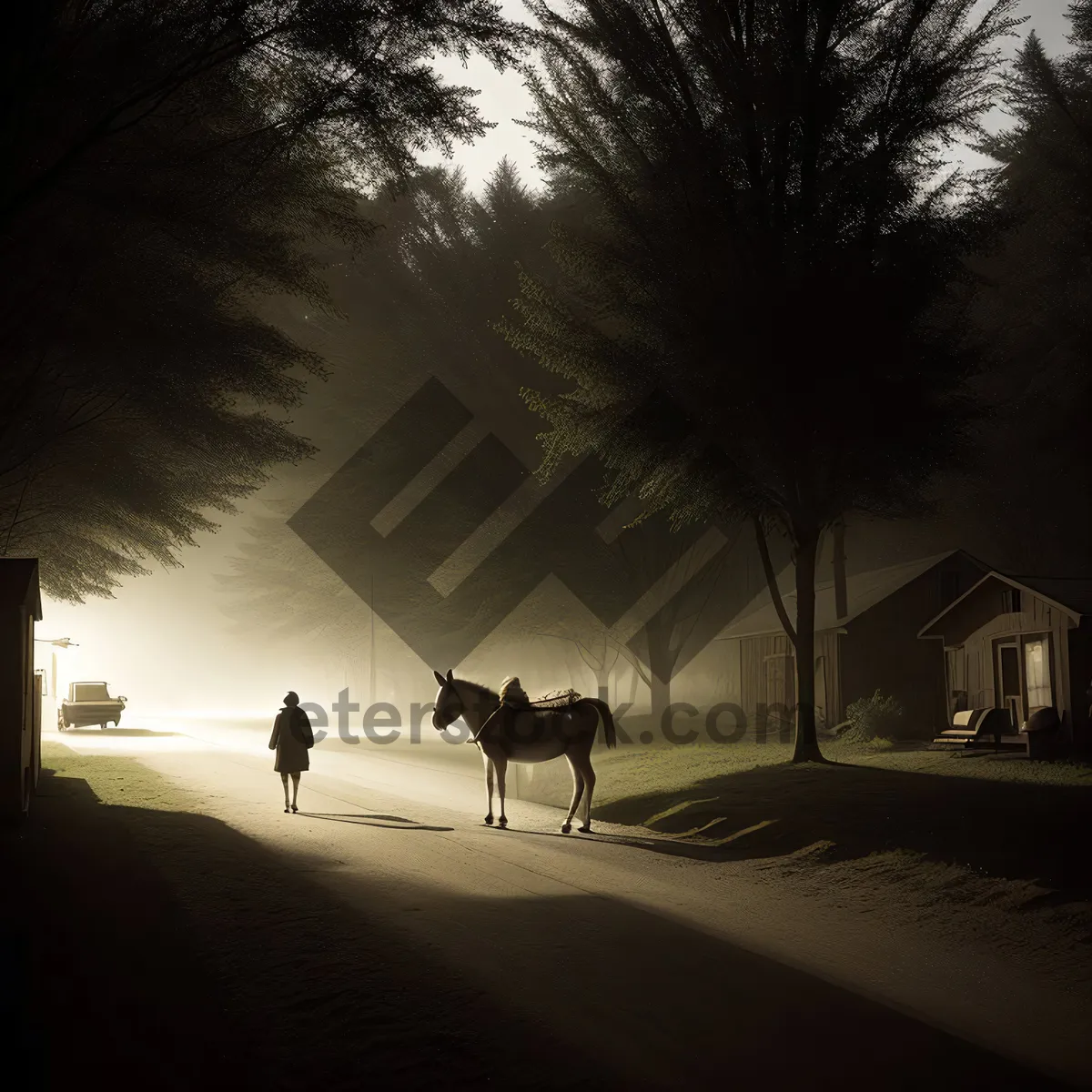 Picture of Silhouette Sunset over Beach Resort: Horse-Drawn Carriage by the Ocean