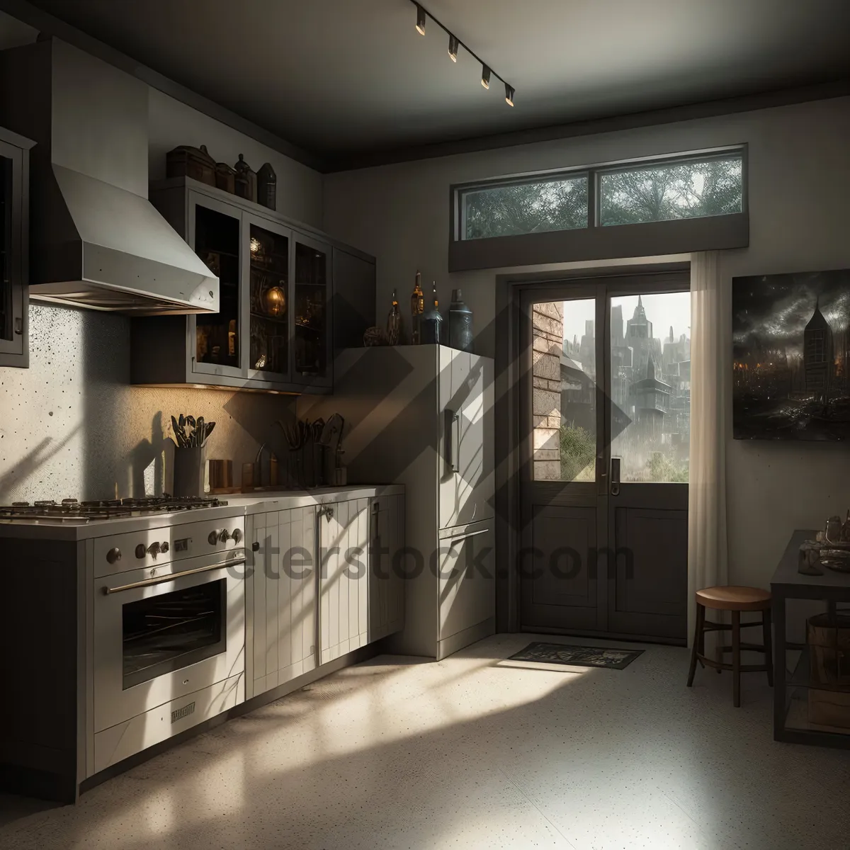 Picture of Modern Kitchen Interior with Wood Floor and Luxury Furniture