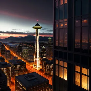 Urban Skyline with Tall Modern Buildings at Night