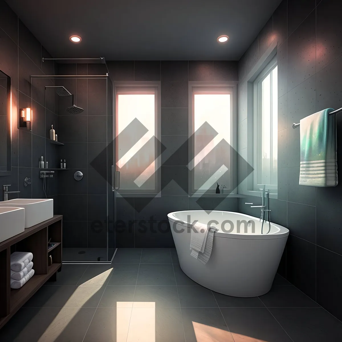 Picture of Modern Luxury Bathroom with Elegant Bathtub and Window View