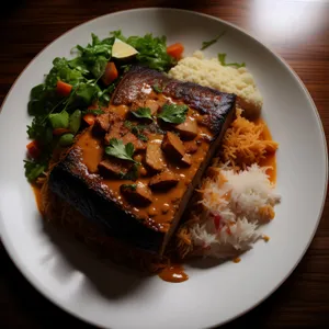 Gourmet BBQ Pork Steak with Grilled Vegetables and Salad