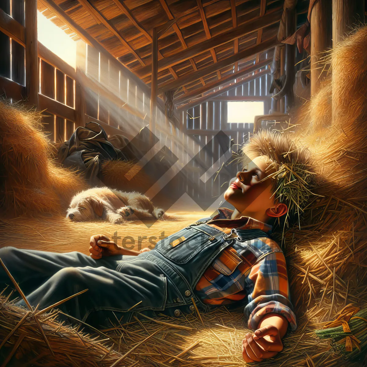 Picture of Daydreaming Young Boy In Barn Hayloft