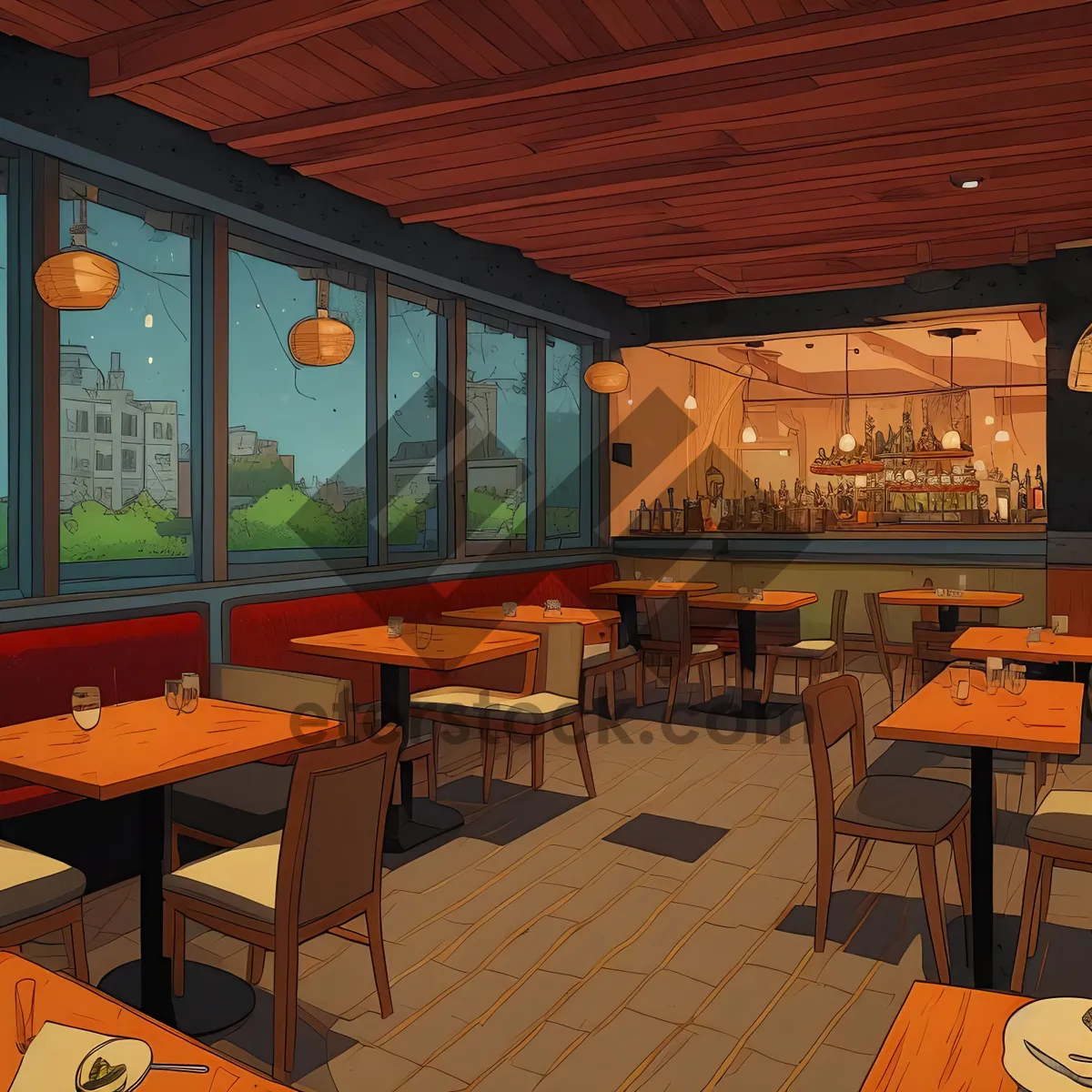 Picture of Modern Restaurant Interior with Wooden Furniture and Chairs