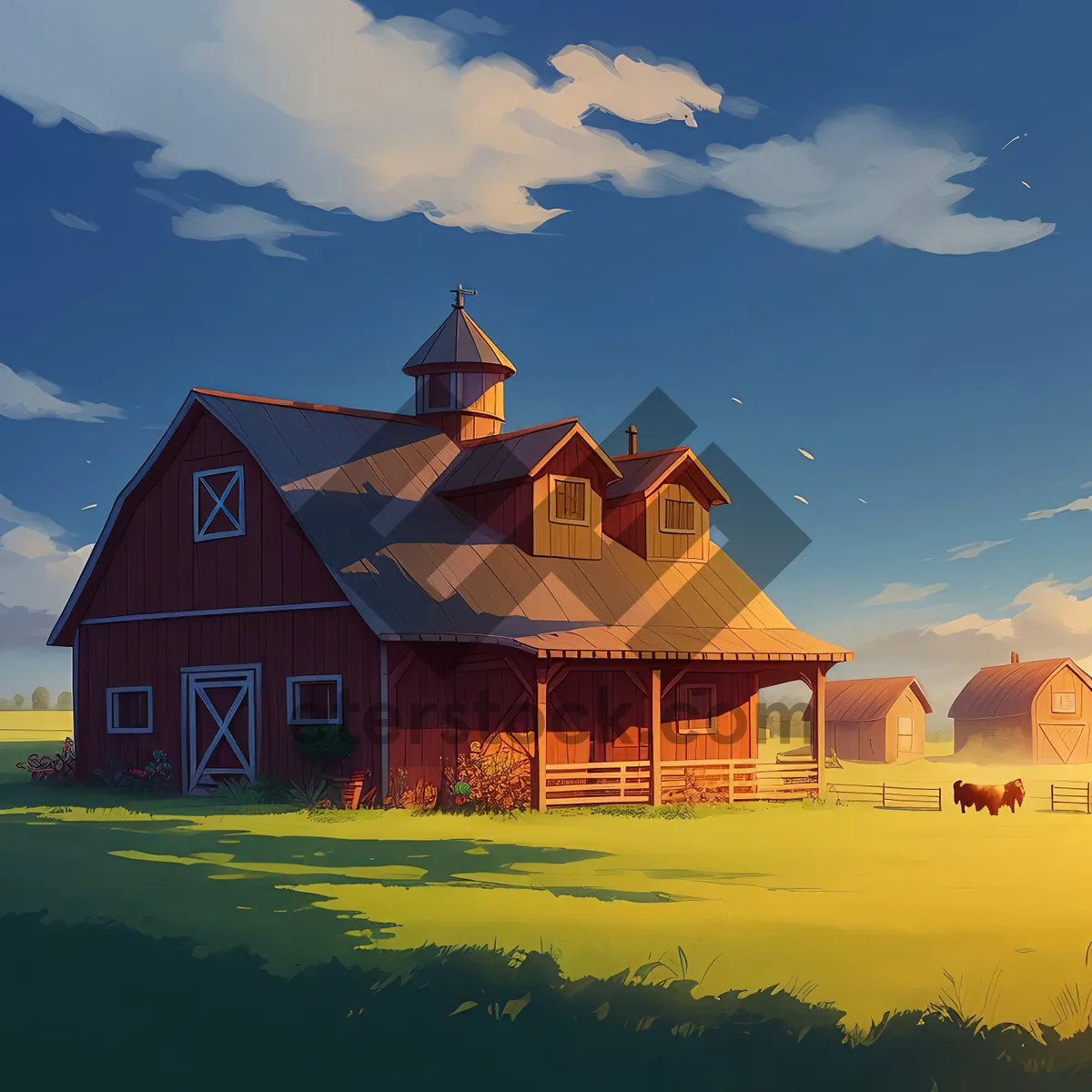 Picture of Old country barn nestled in scenic landscape.