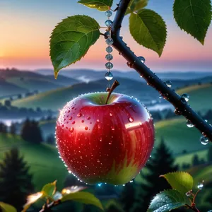 Fresh ripe cherry on apple tree branch.