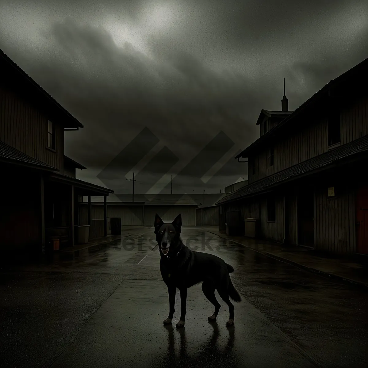 Picture of Brown Shepherd Dog Guarding Farm with Black Stallion.