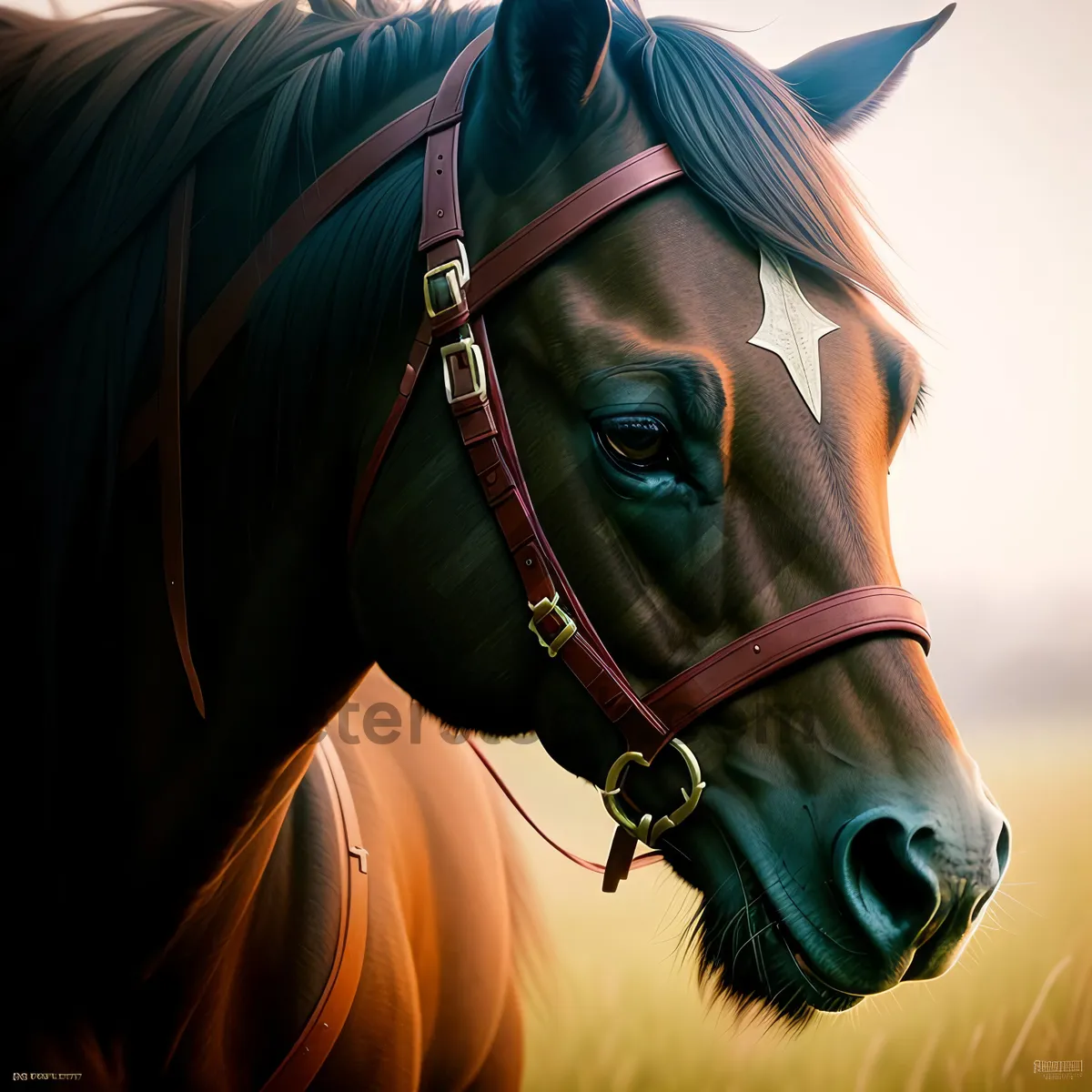 Picture of Bridled Stallion Portrait in Rural Setting