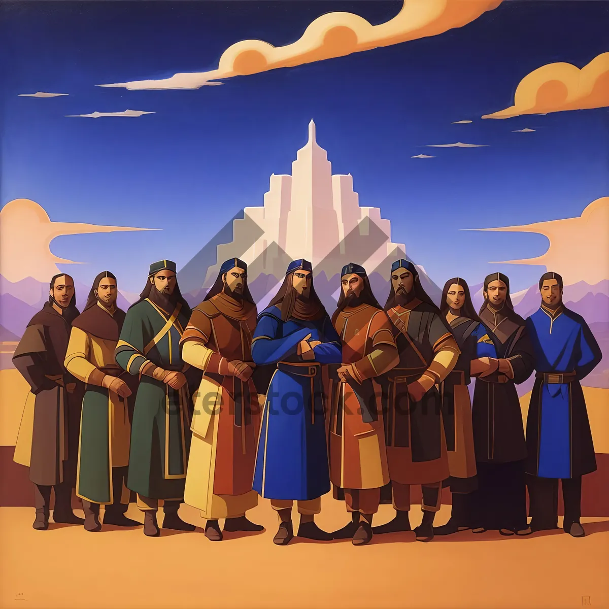 Picture of Nighttime cityscape with business team in silhouette