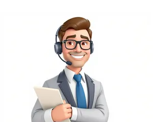 Happy cartoon secretary with headset providing customer service.