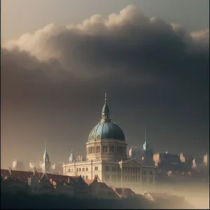 Historic Mosque Dome against Majestic City Skyline.