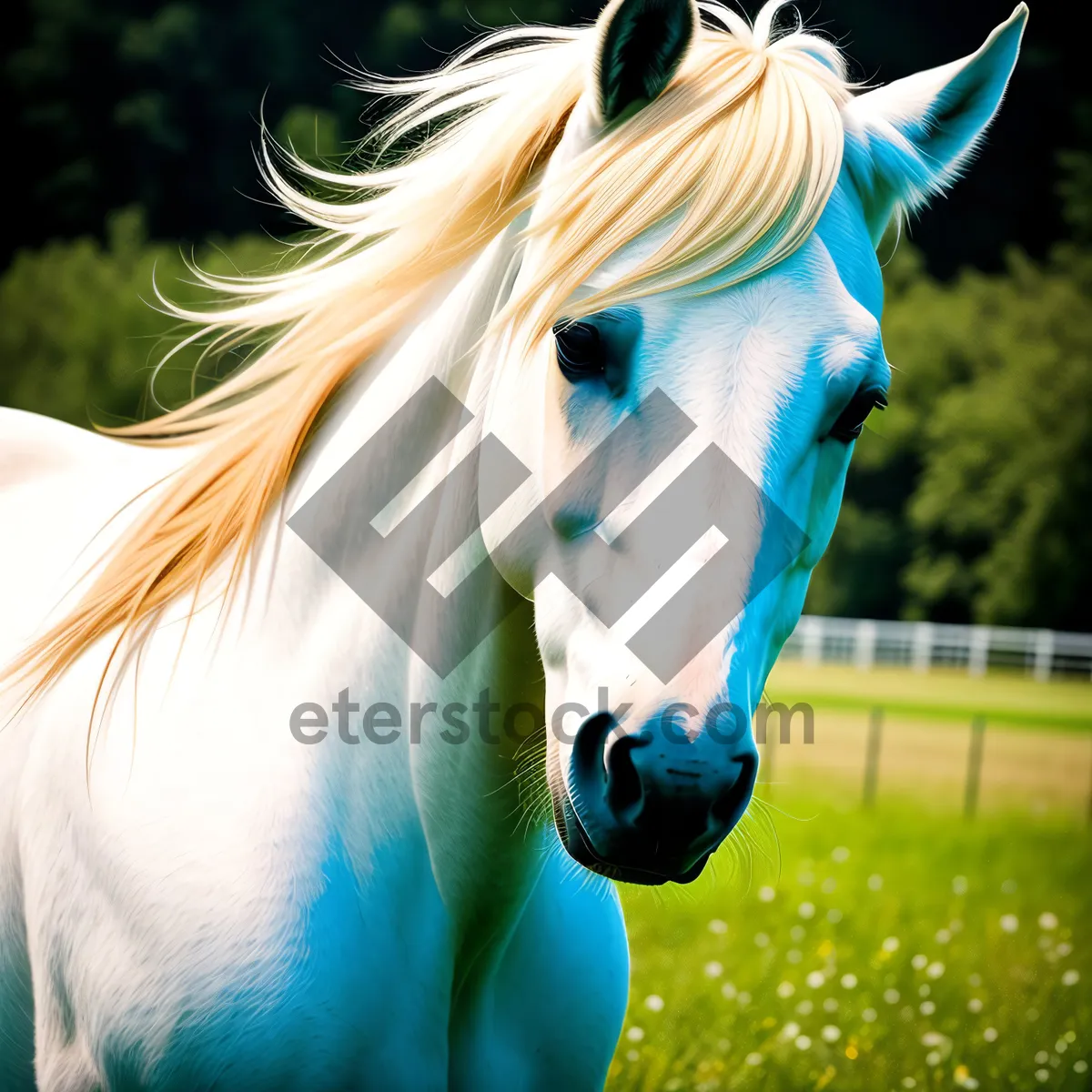 Picture of Brown Stallion Grazing in Rural Pasture