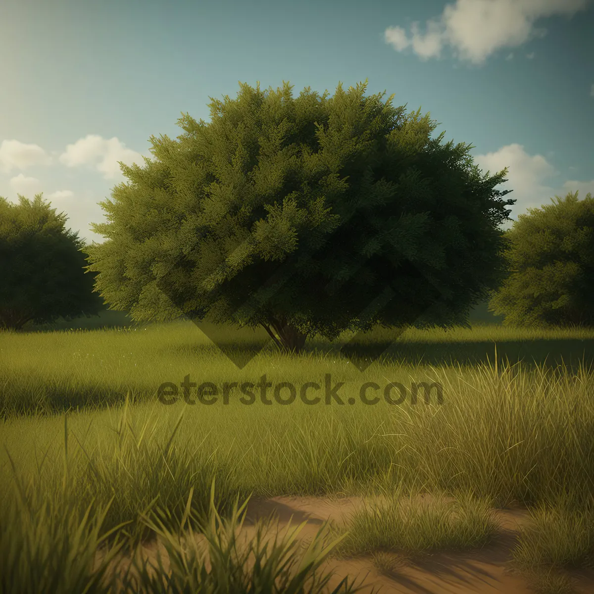Picture of Serene Rural Horizon with Lush Green Meadow and Cloudy Sky