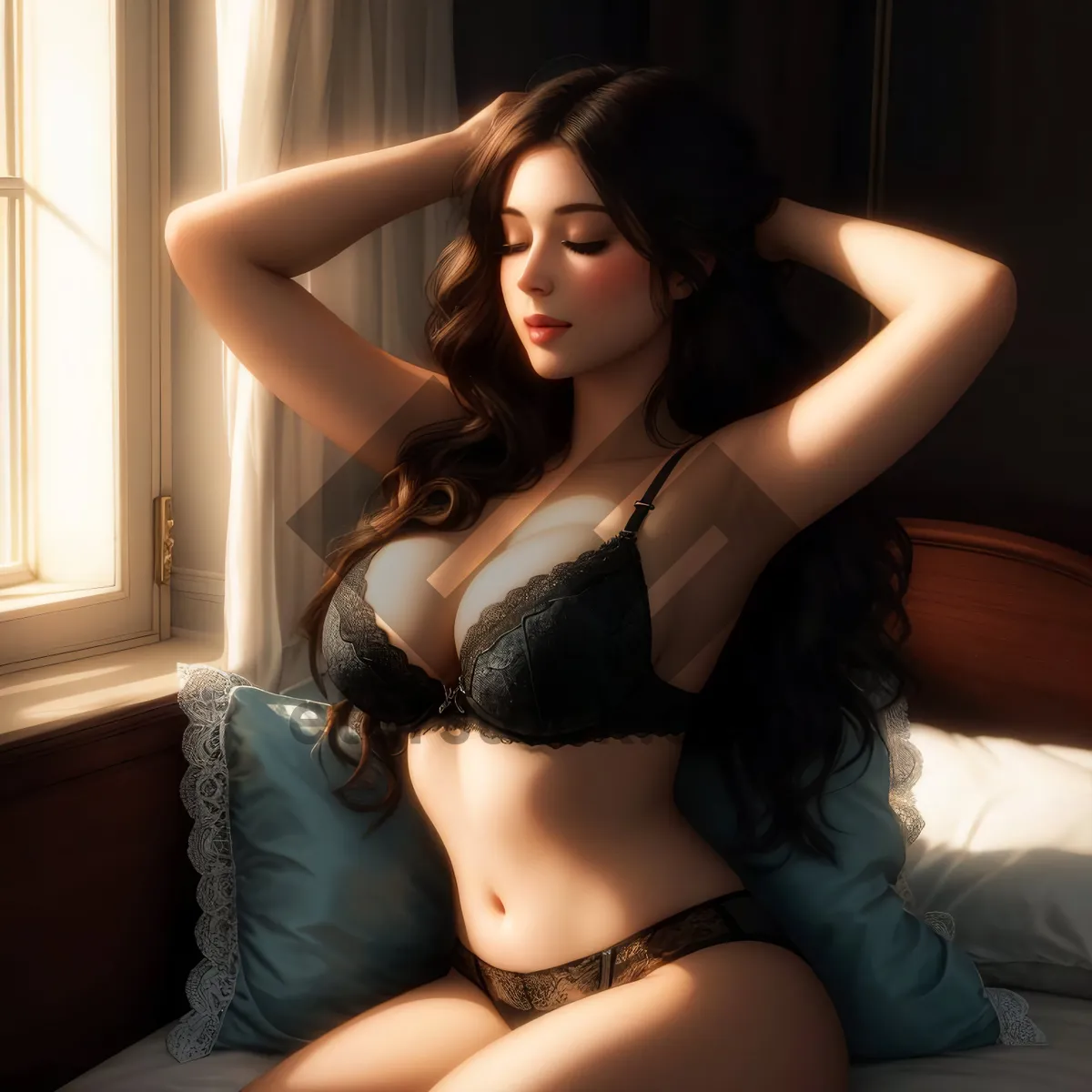 Picture of Beautiful brunette model in sexy black lingerie