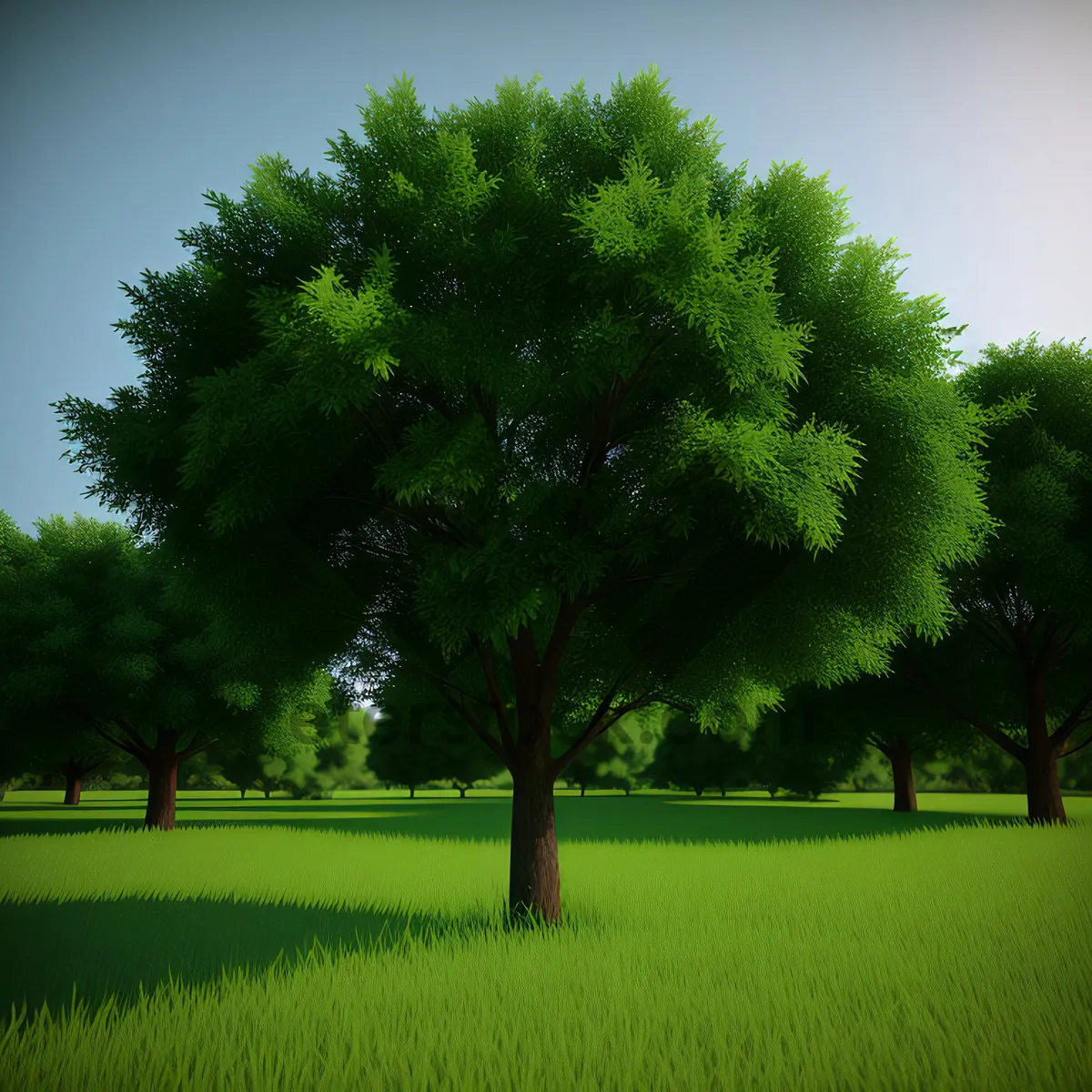 Picture of Vibrant Summer Skyline: Trees, Fields, and Clouds