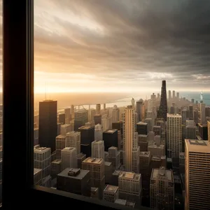 Cityscape stretching into the sky at sunset