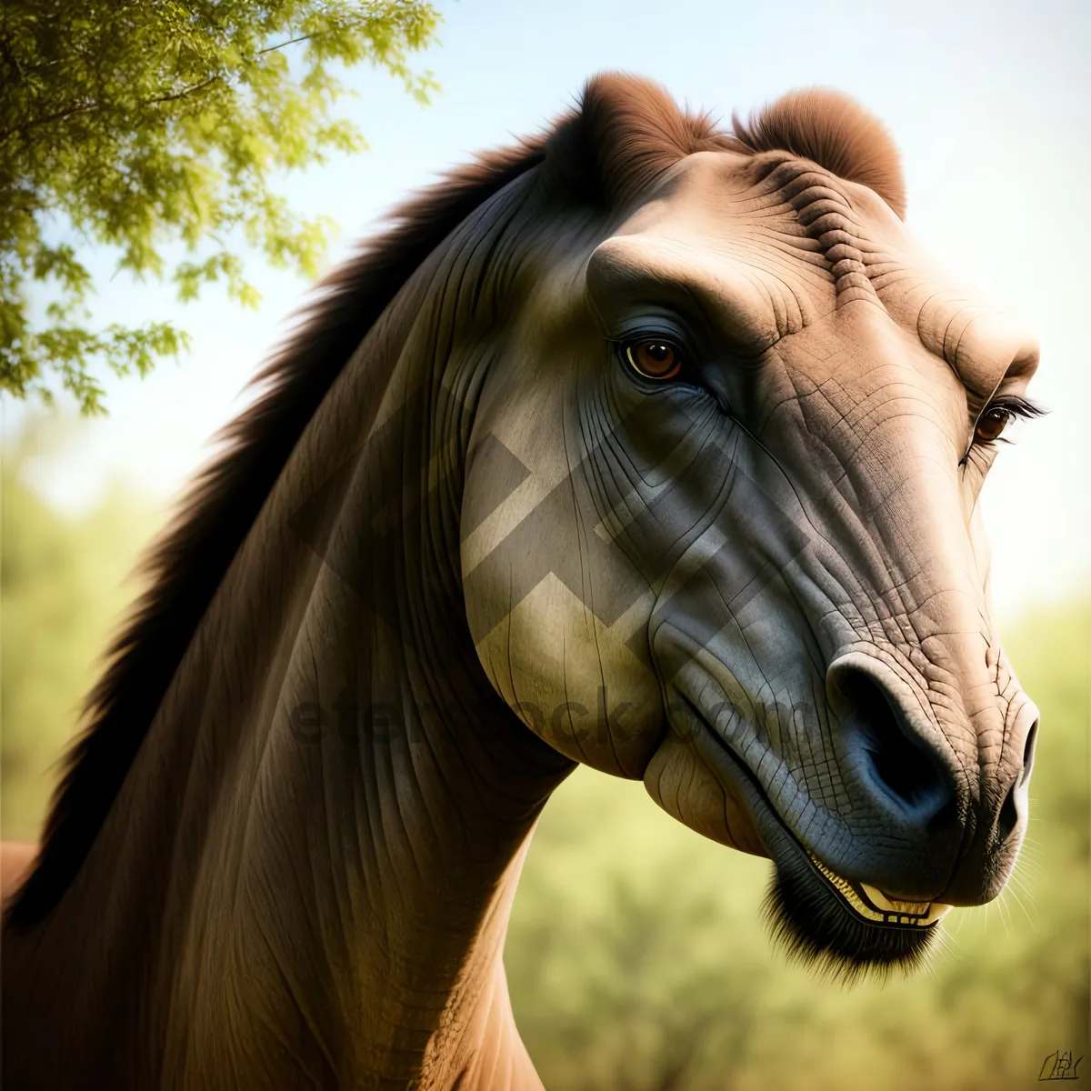 Picture of Brown Thoroughbred Stallion Grazing in Rural Field