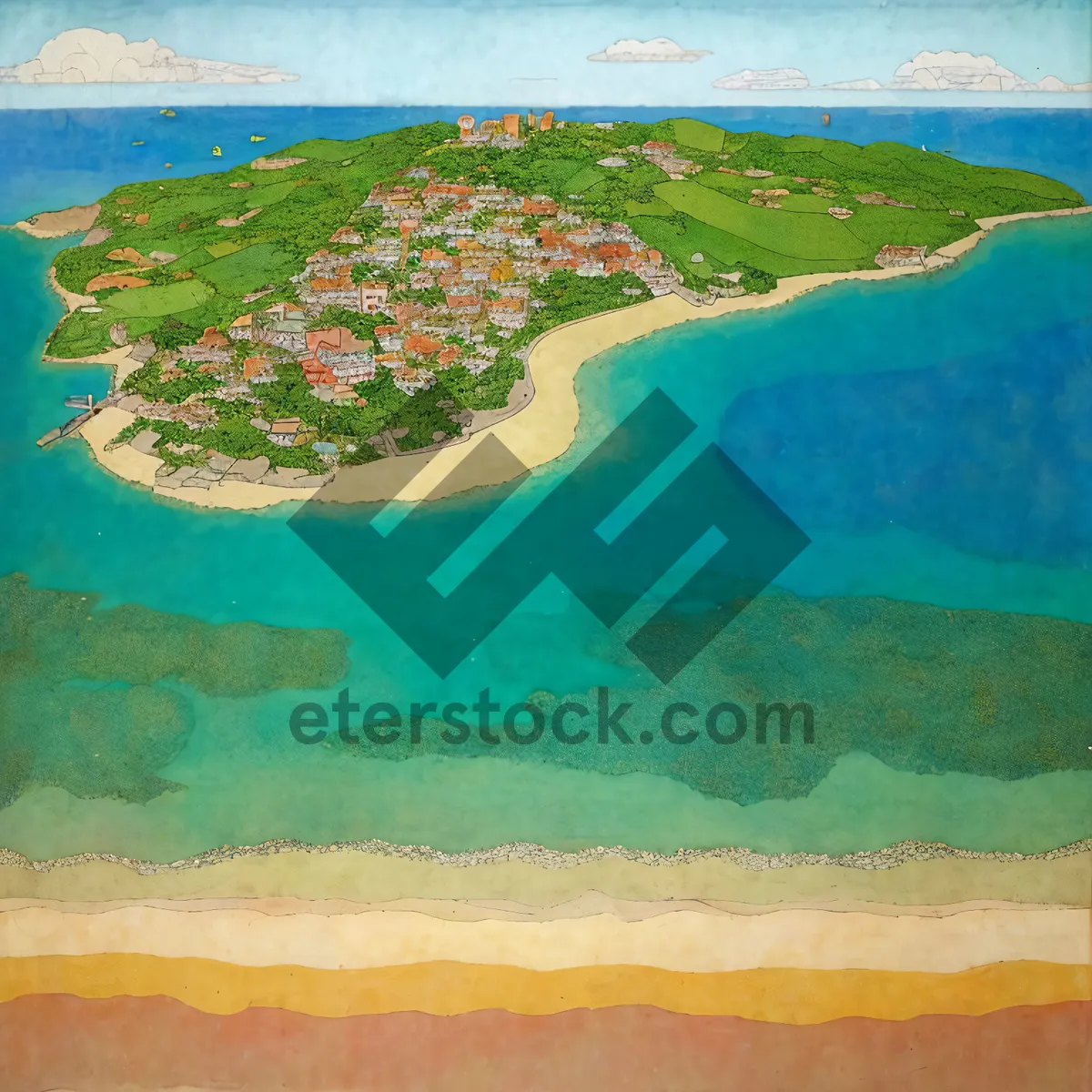 Picture of Tropical island paradise with turquoise waves and sunny sky.
