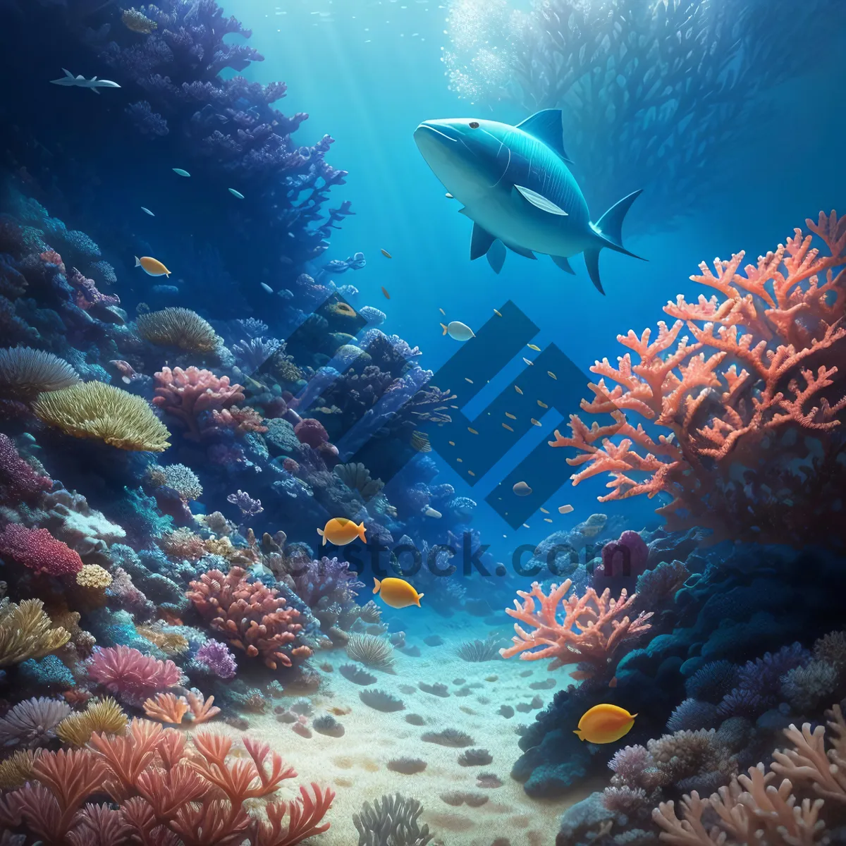 Picture of Exotic Coral Reef Exploration: Colorful Marine Life amidst Sunlit Waters.