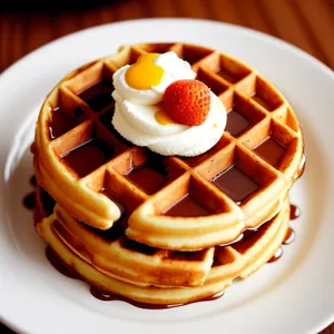 Delicious Breakfast Cake with Fresh Fruit and Chocolate Syrup