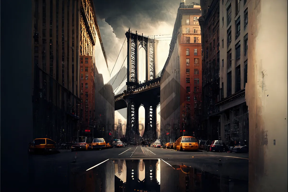 Picture of Modern cityscape with suspension bridge over river at night