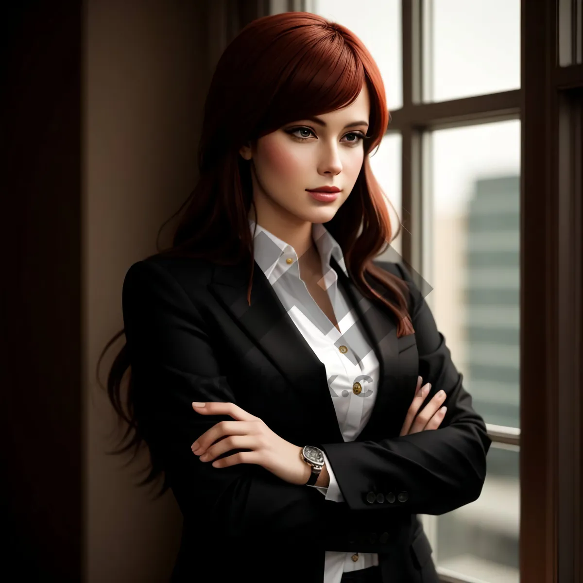 Picture of Smiling brunette businesswoman in corporate office setting