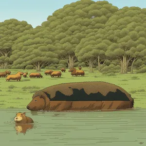Hippopotamus grazing in serene rural landscape