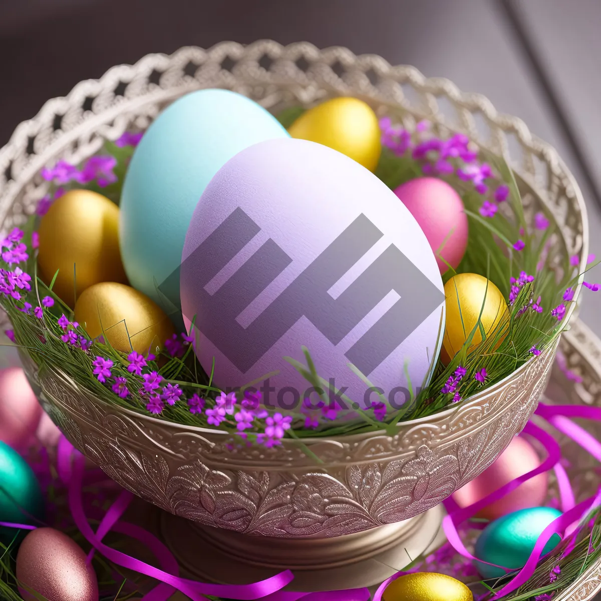 Picture of Colorful Easter Eggs in a Festive Basket