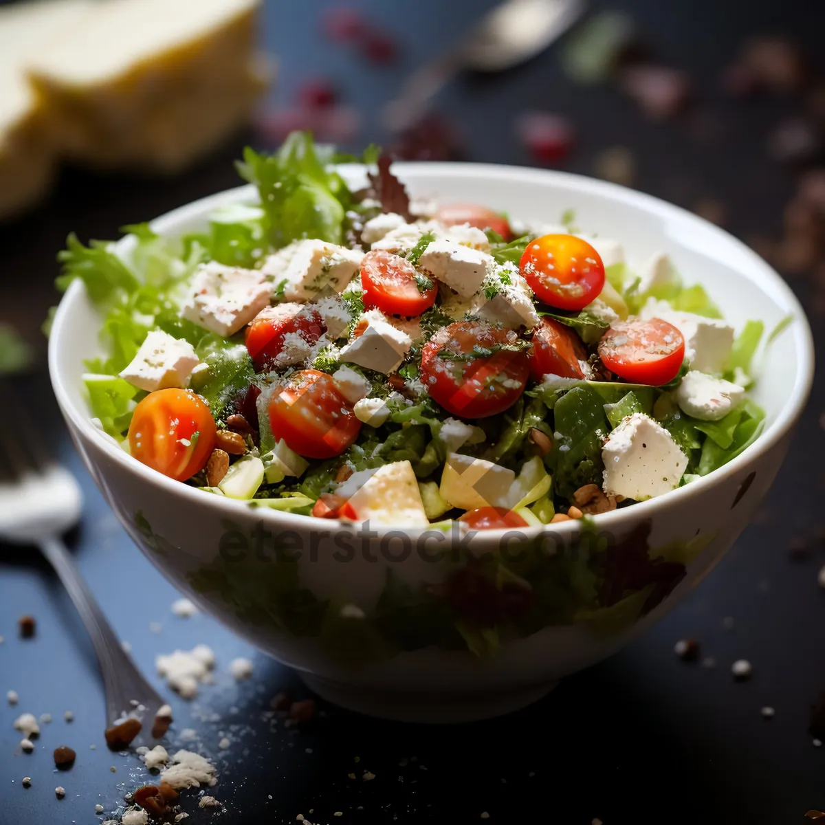 Picture of Delicious gourmet salad with fresh vegetables and cheese.