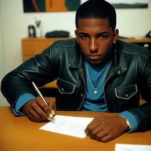Smiling Businessman Working at Desk with Laptop
