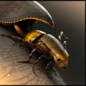 Close-up of a black beetle with antenna on leaf