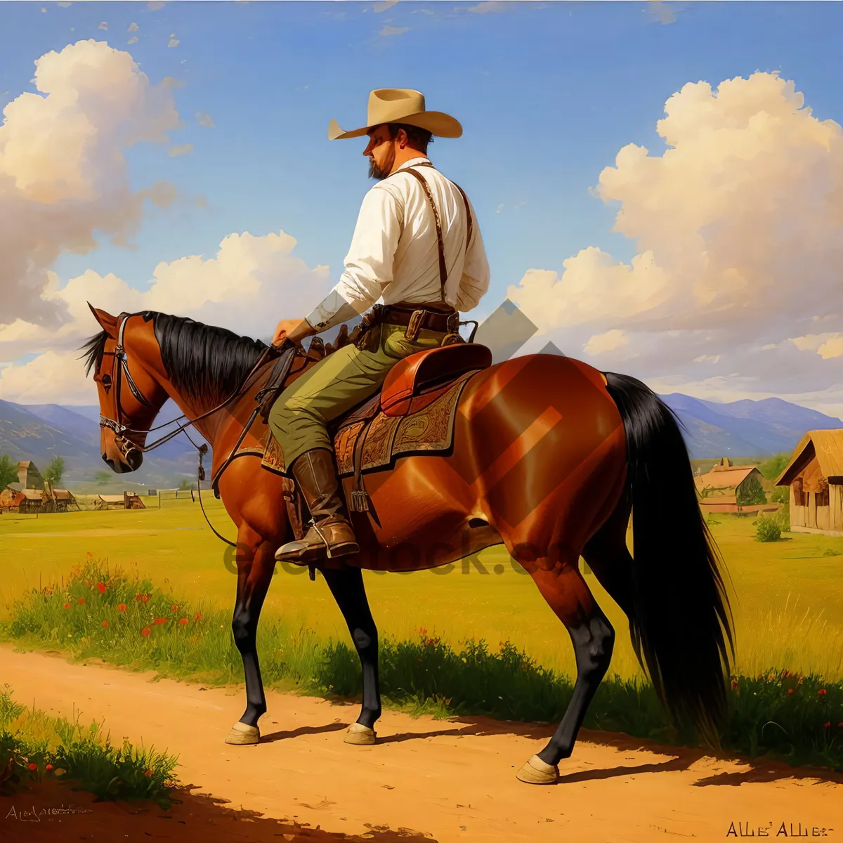 Picture of Rancher riding brown stallion through grassy field