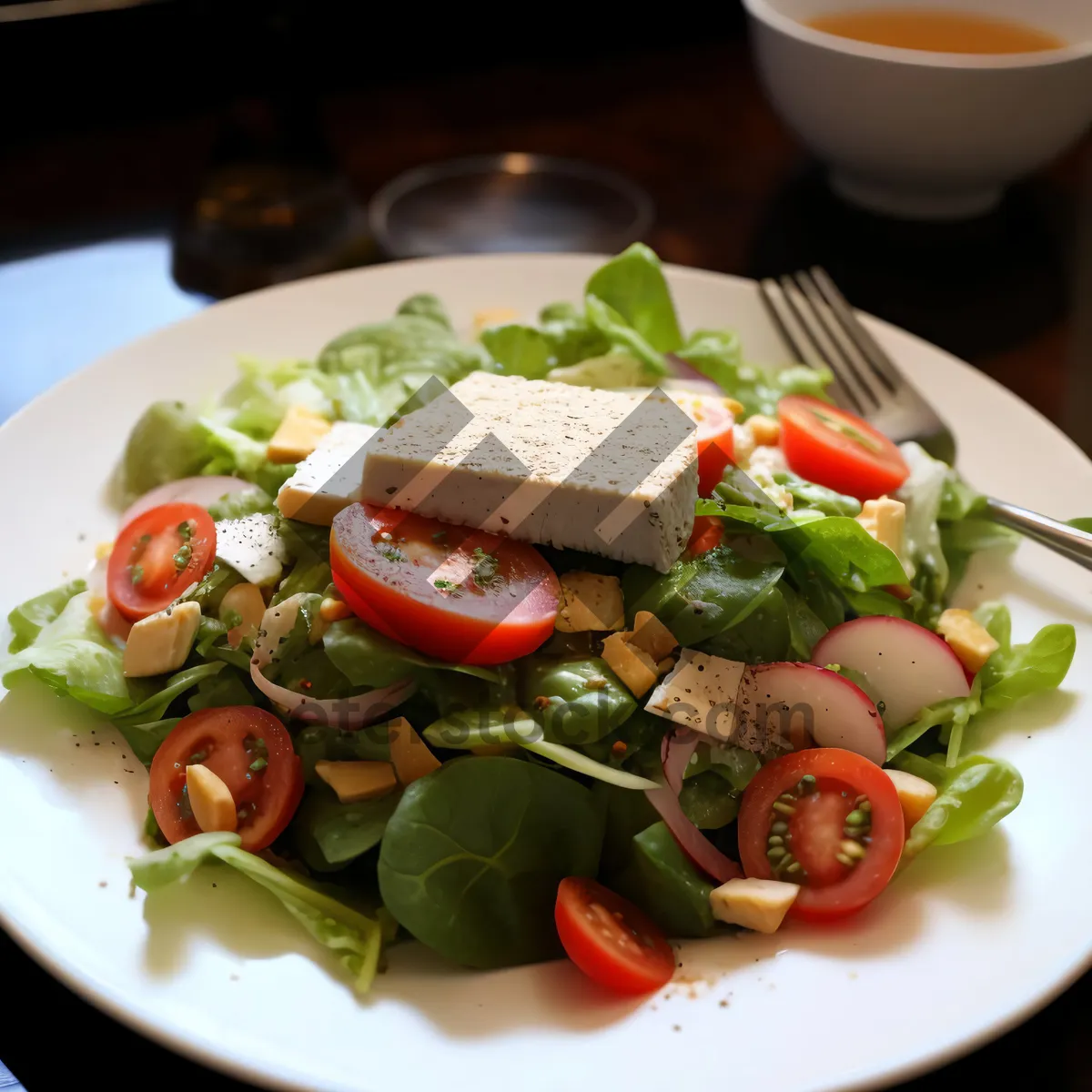 Picture of Fresh gourmet salad with vegetables and cheese.